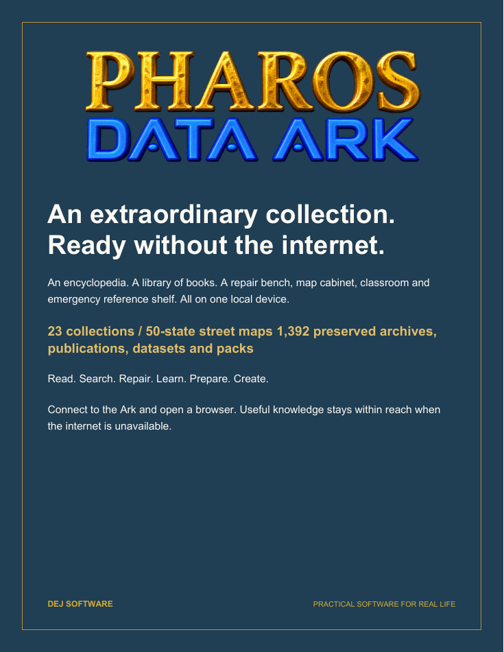 Pharos Data Ark collection catalogue: An extraordinary collection. Ready without the internet.