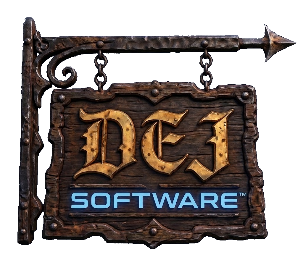 DEJ Software wooden sign with gold lettering and electric-blue accents